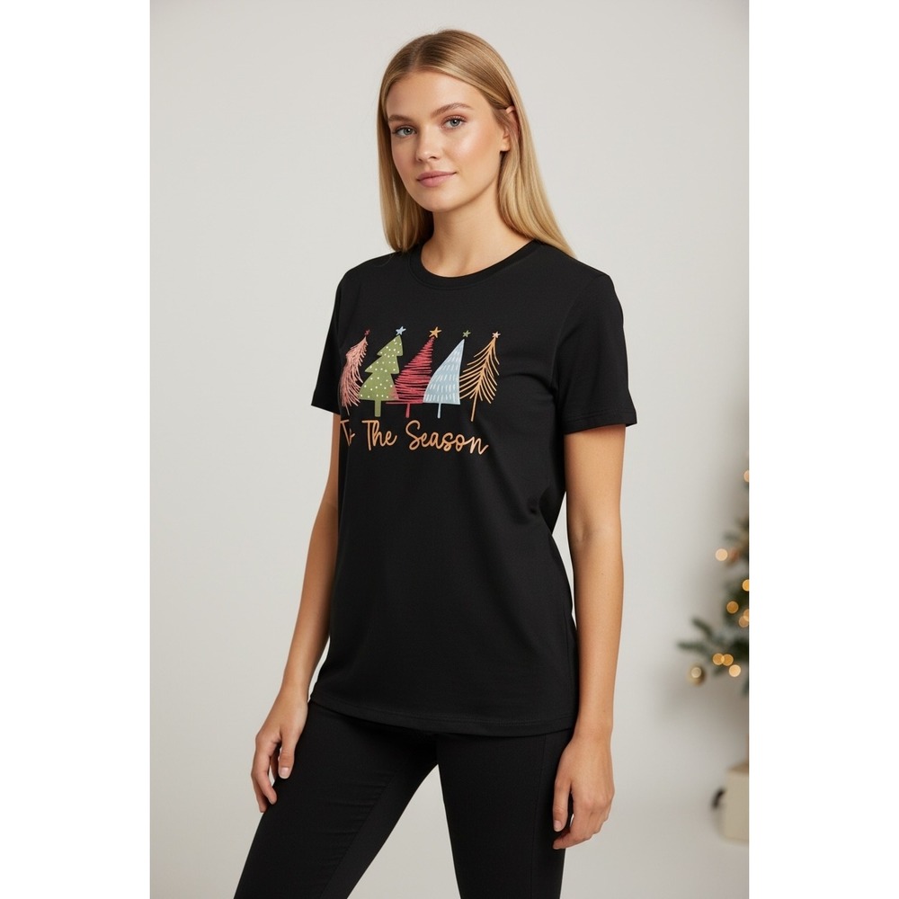 Tis The Season Christmas Size Large Cotton Tree Graphic Tee‎ Black Holiday